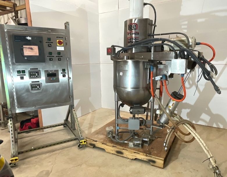 ***SOLD*** 25 Gallon LEE Tri-Mix Turbo-Shear Mixing Kettle.  Triple motion agitation includes Counter rotating Sweep mixer with Scrapers and High Shear mixer. Kettle Model 25D12T.  Jacket rated 90 PSI @ 356 Deg.F. 2